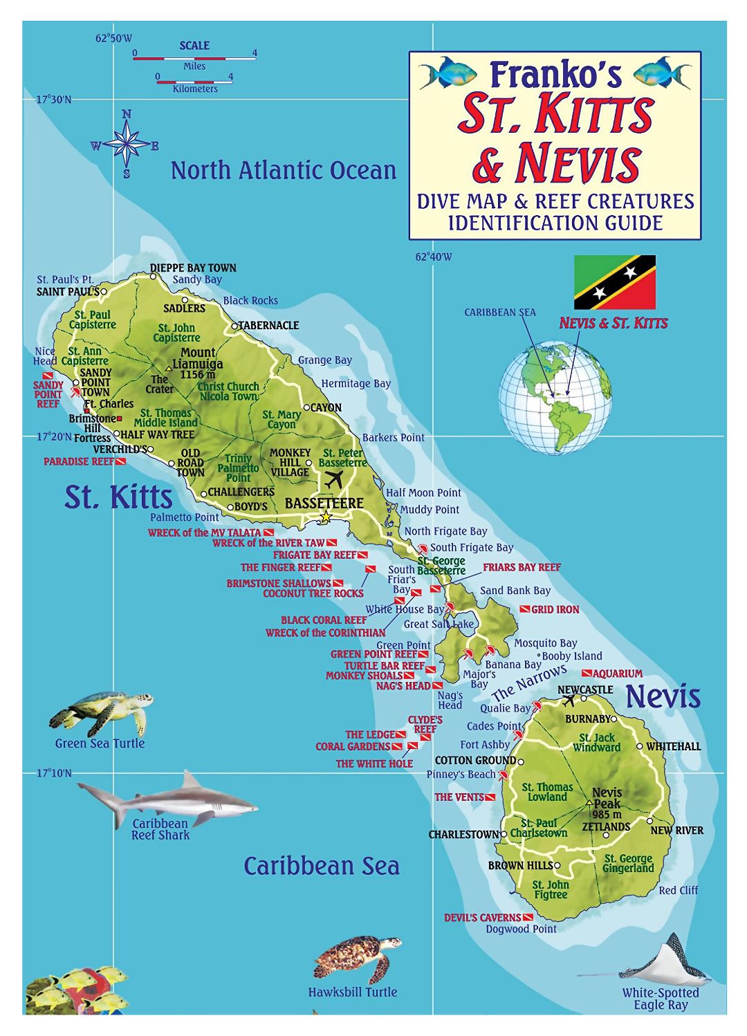 Large detailed travel illustrated map of Saint Kitts and Nevis