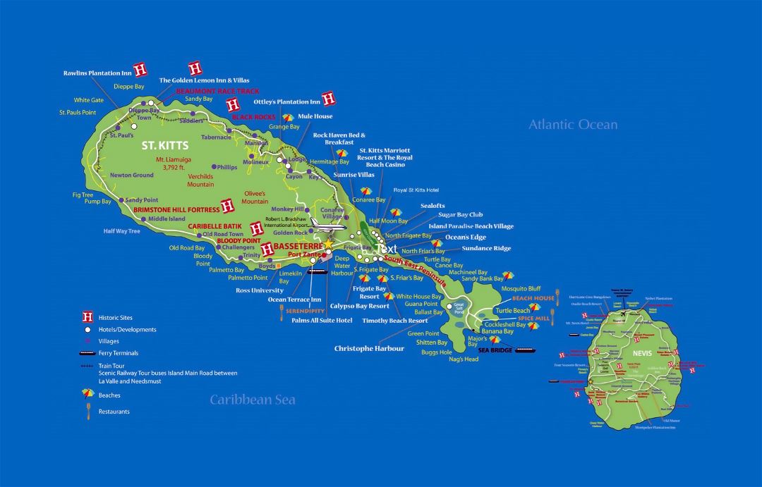 Large detailed travel map of Saint Kitts and Nevis