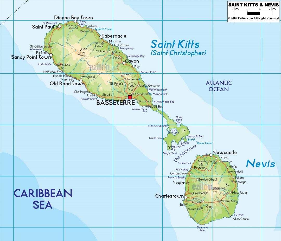 Large physical map of Saint Kitts and Nevis with roads, cities and airports