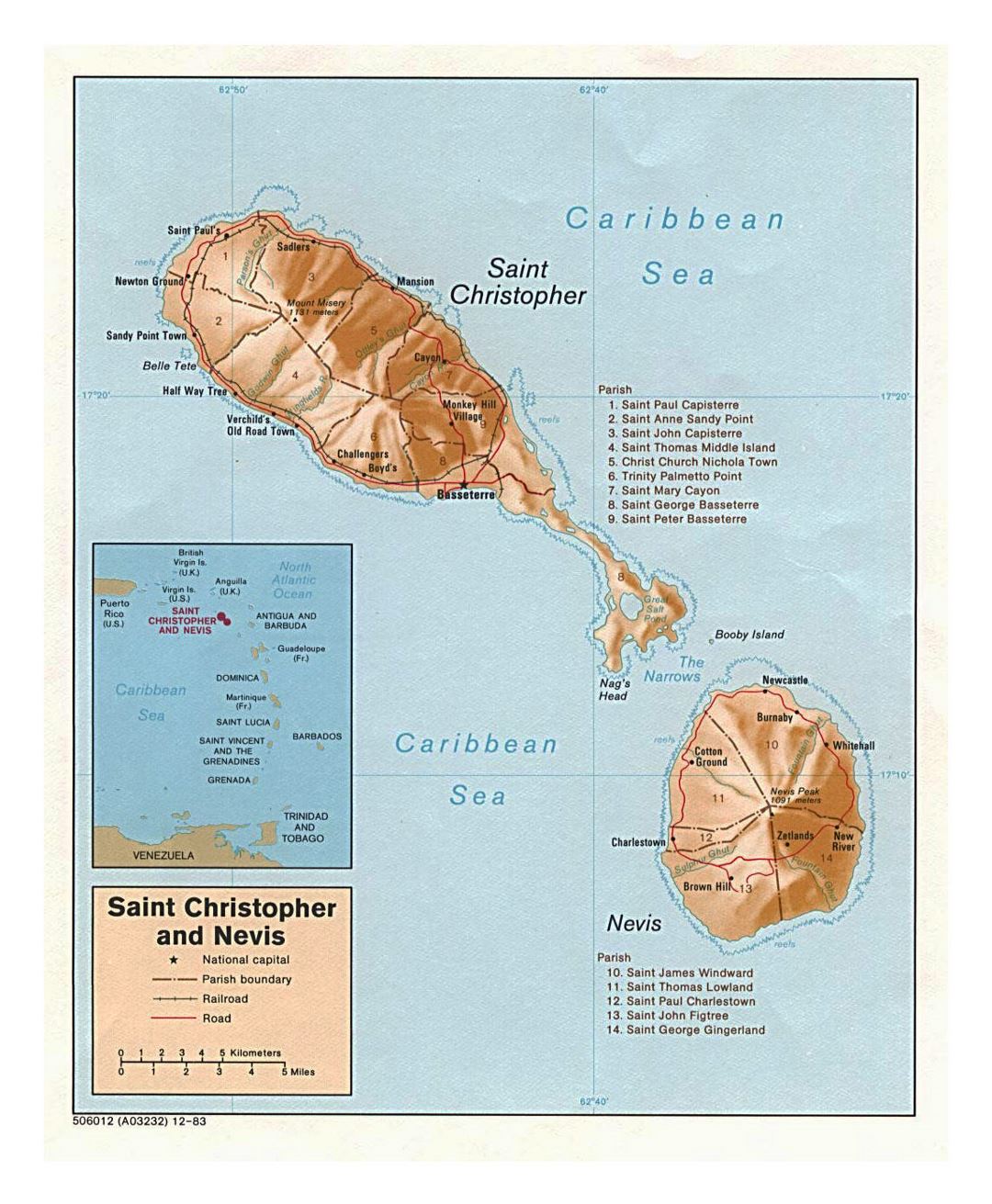 Large political and administrative map of Saint Kitts and Nevis with relief, roads, railroads and cities - 1983