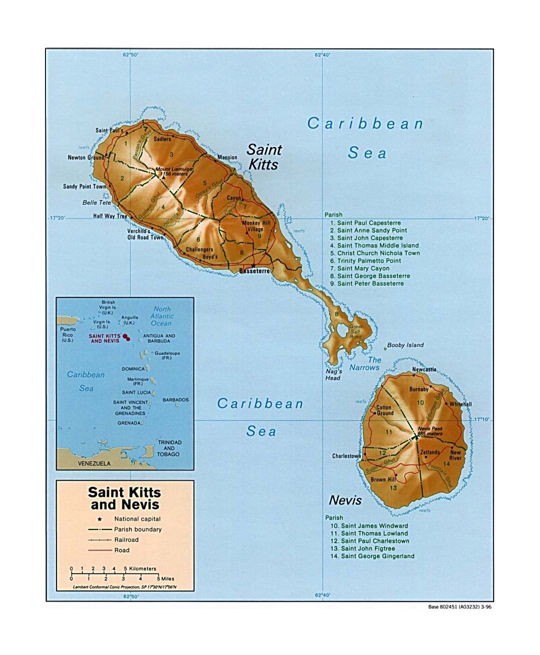 Large political and administrative map of Saint Kitts and Nevis with relief, roads, railroads and cities - 1996