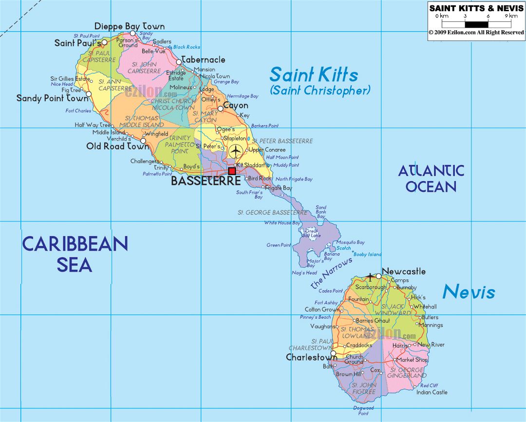 Large political and administrative map of Saint Kitts and Nevis with roads, cities and airports