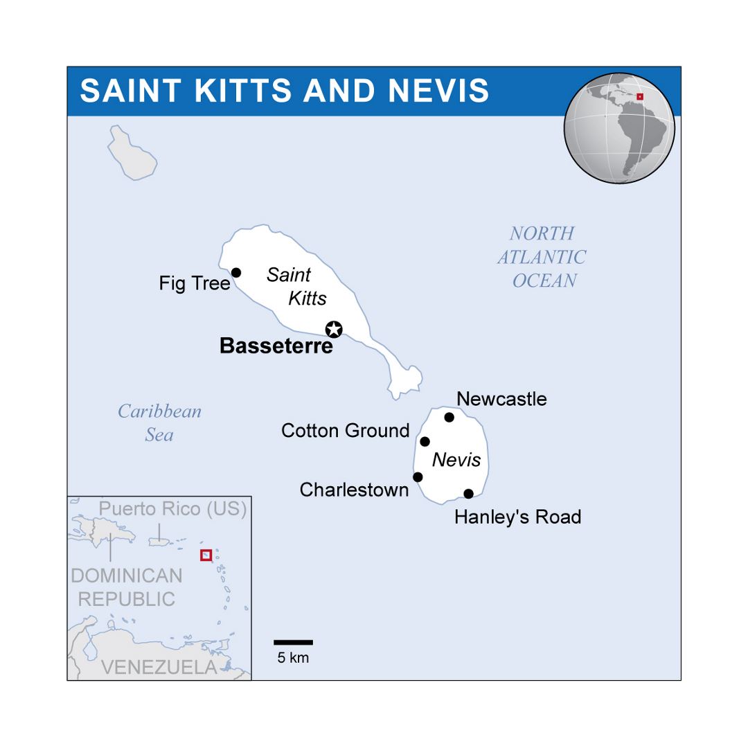 Large political map of Saint Kitts and Nevis with cities