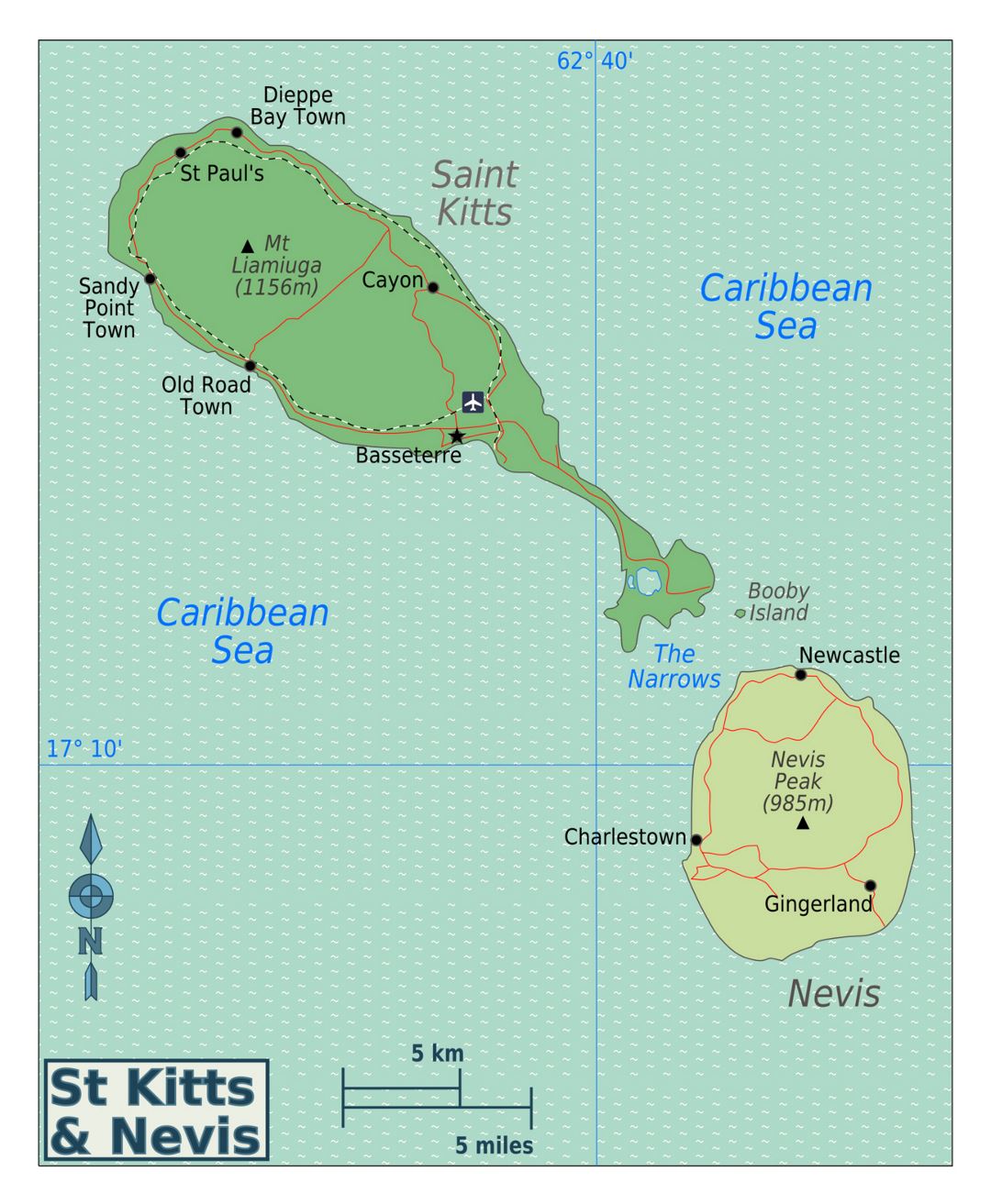 Large regions map of Saint Kitts and Nevis with other marks