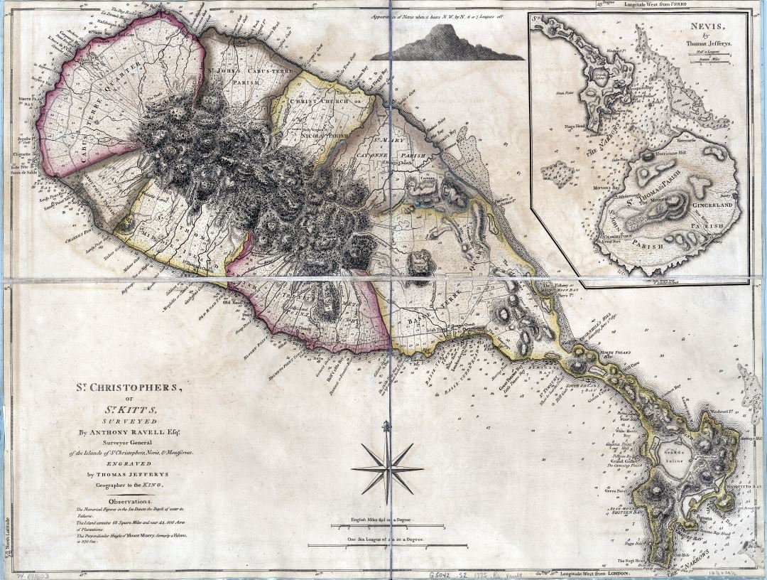 Large scale old map of St. christophers or St. Kitts with relief and other marks - 1775