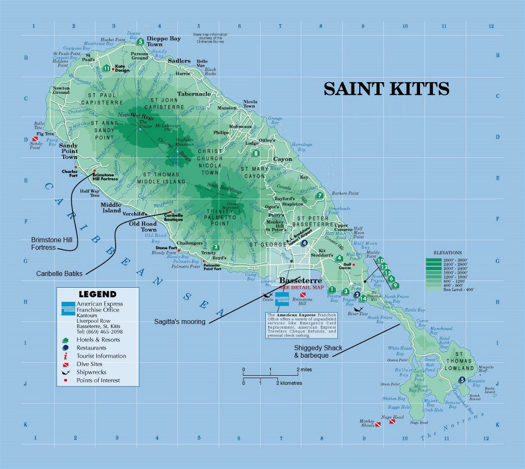 Large tourist and elevation map of Saint Kitts and Nevis with other marks