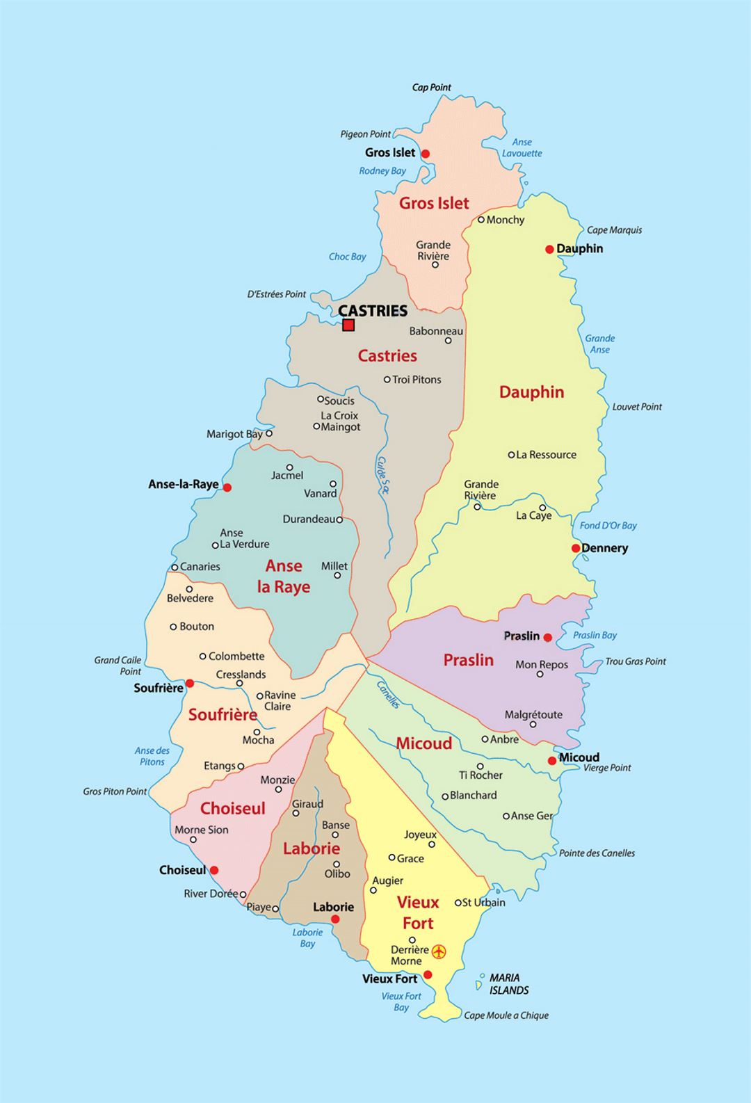 Detailed administrative divisions map of Saint Lucia with cities
