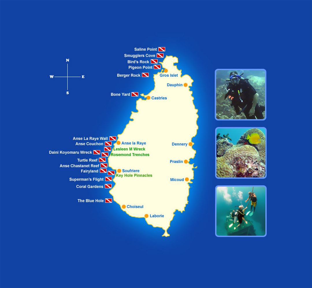 Detailed dive sites map of Saint Lucia
