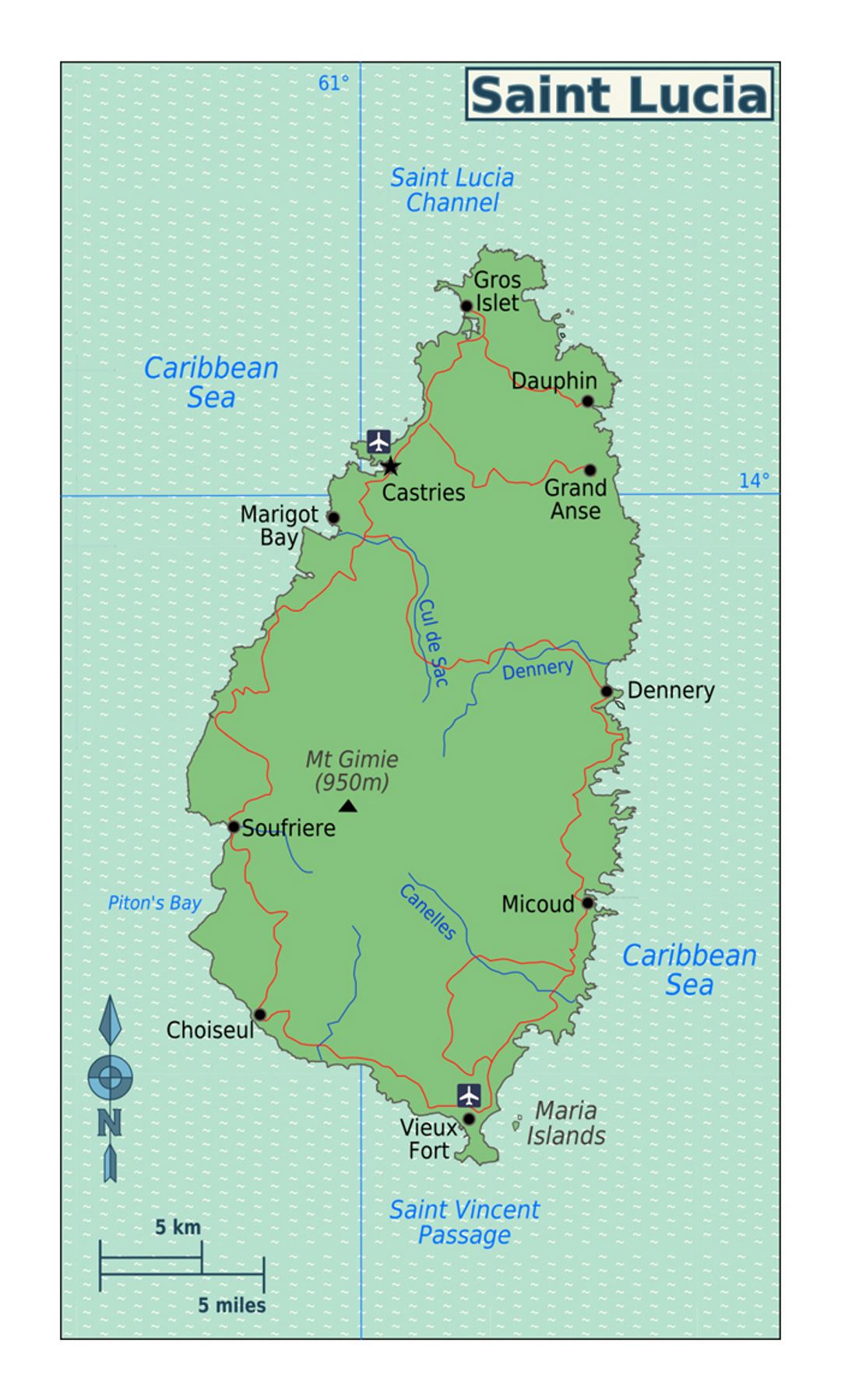 Detailed map of Saint Lucia with roads, cities and airports