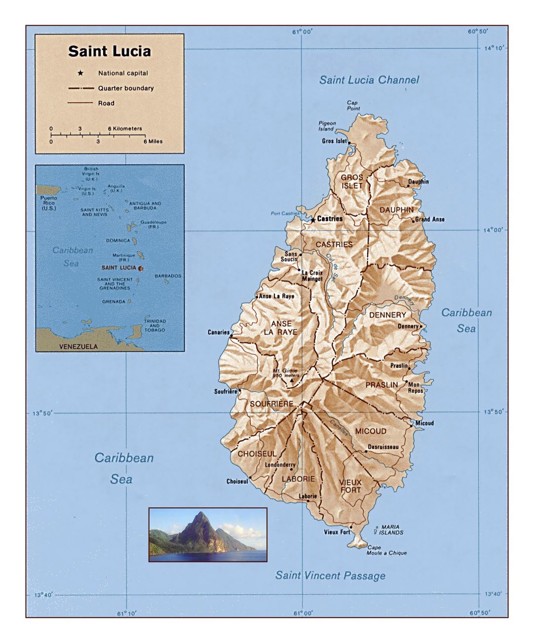 Detailed political and administrative map of Saint Lucia with relief and other marks