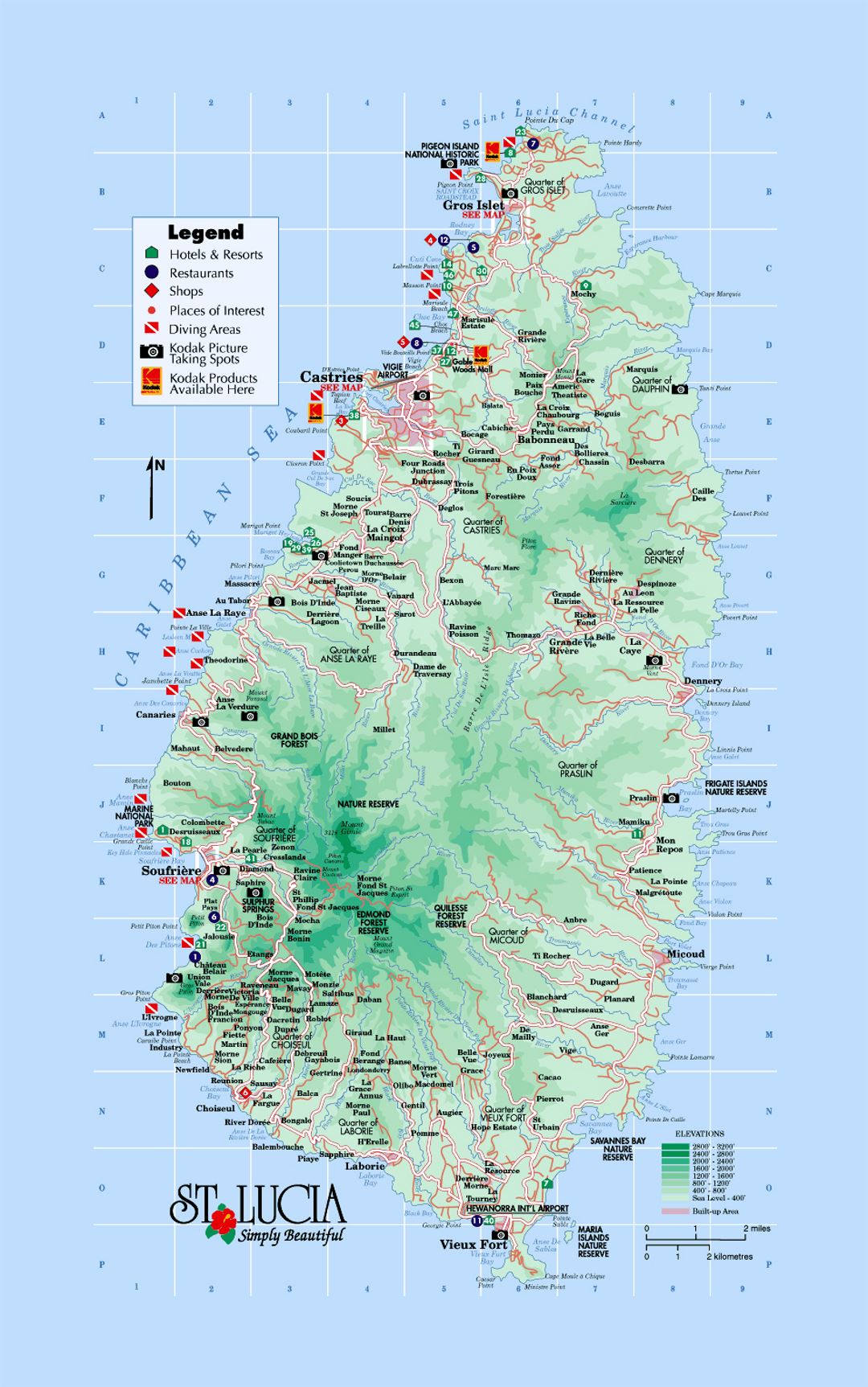 Detailed tourist and elevation map of Saint Lucia with roads, cities and other marks