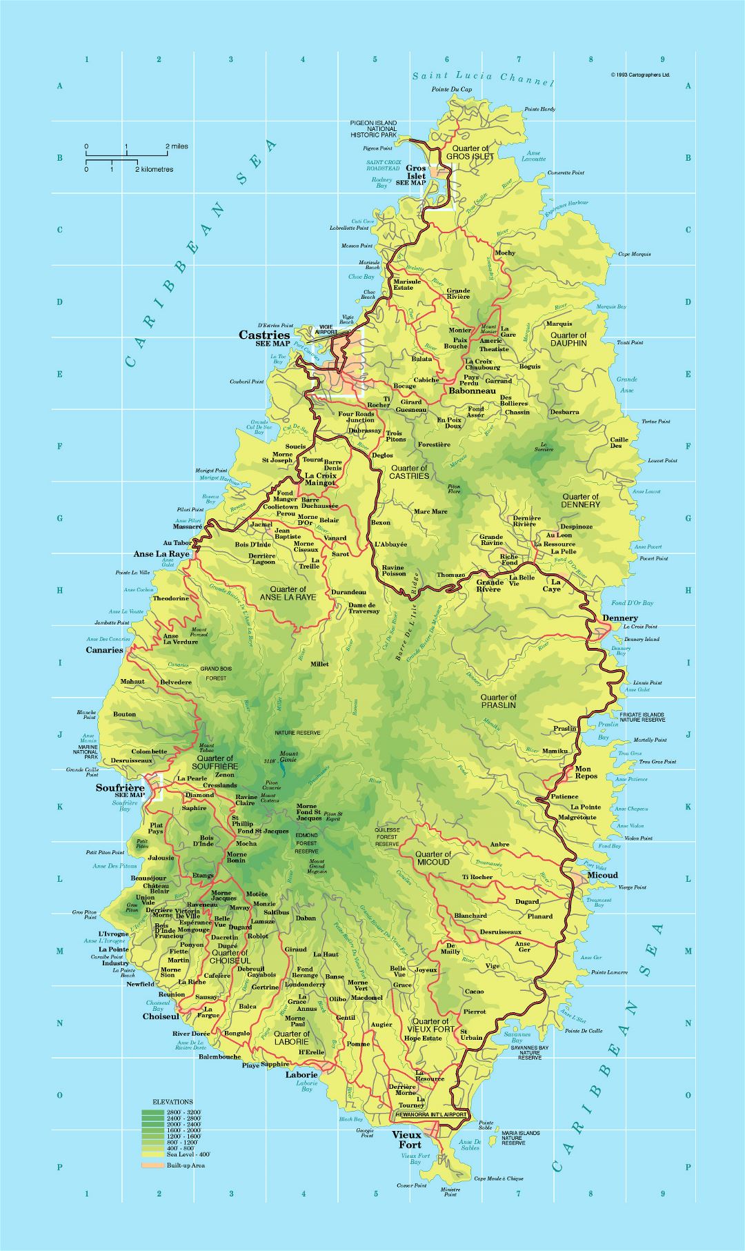 Large detailed physical map of Saint Lucia with roads and cities
