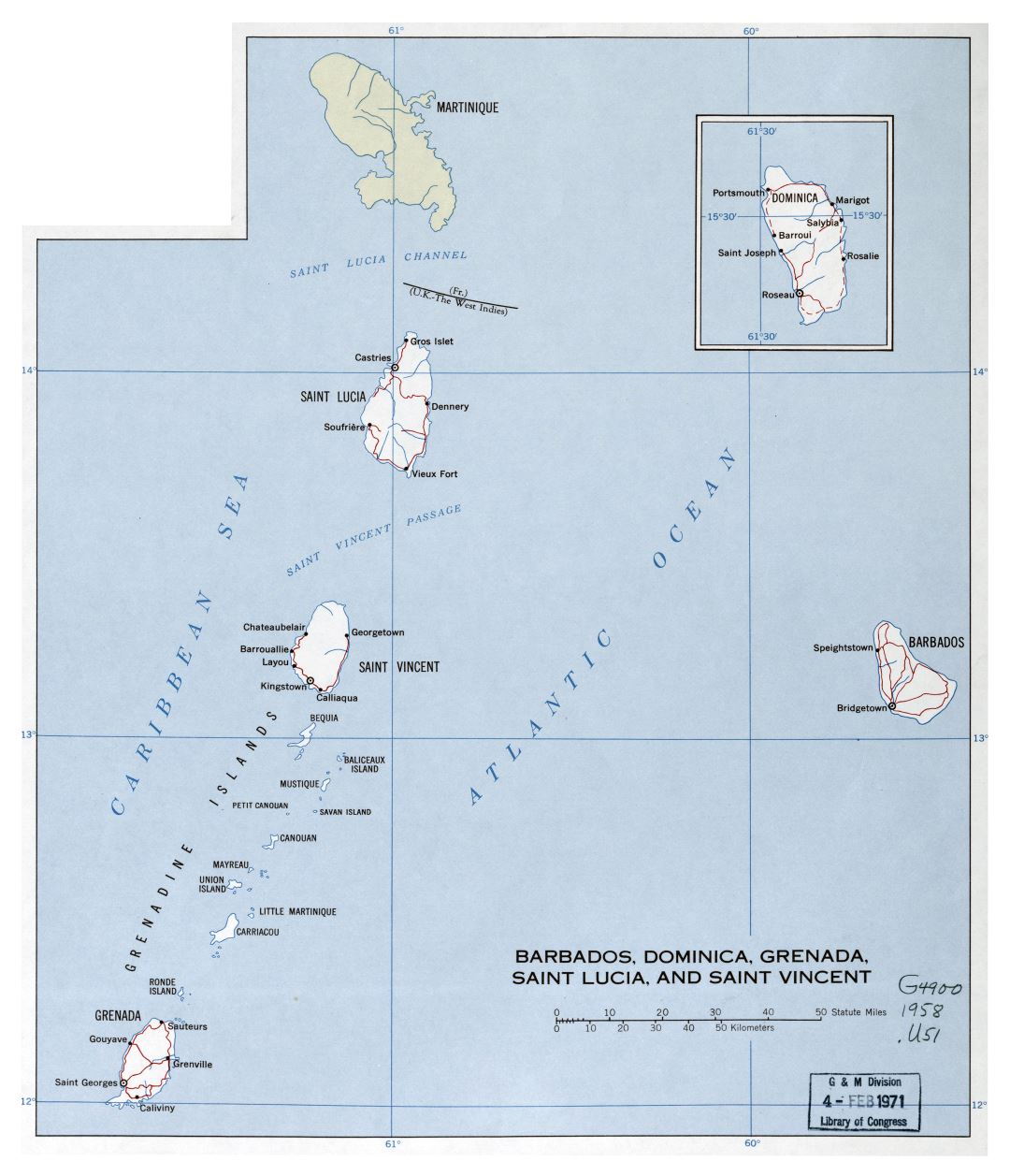 Large detailed political map of Barbados, Dominica, Grenada, Saint Lucia and Saint Vincent with roads and cities - 1958