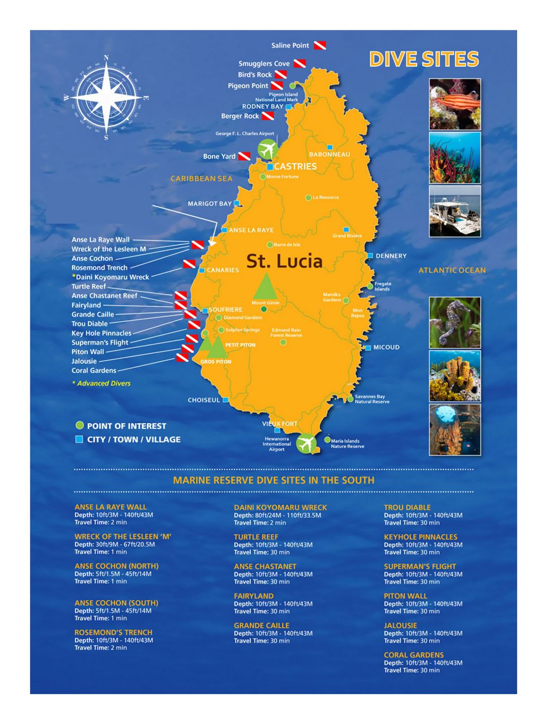 Large dive sites map of Saint Lucia