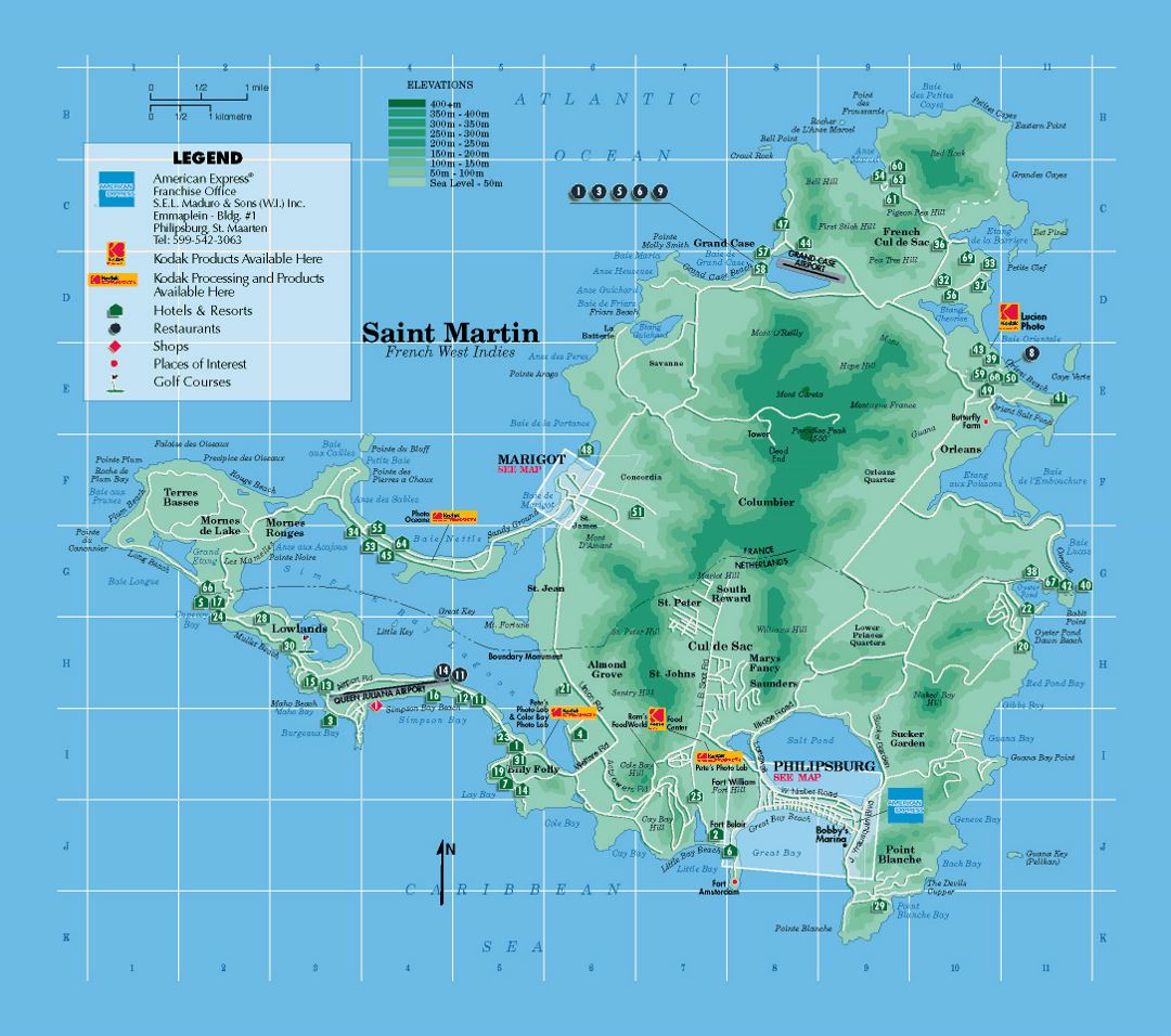 Detailed tourist map of Sint Maarten, Saint Martin with other marks