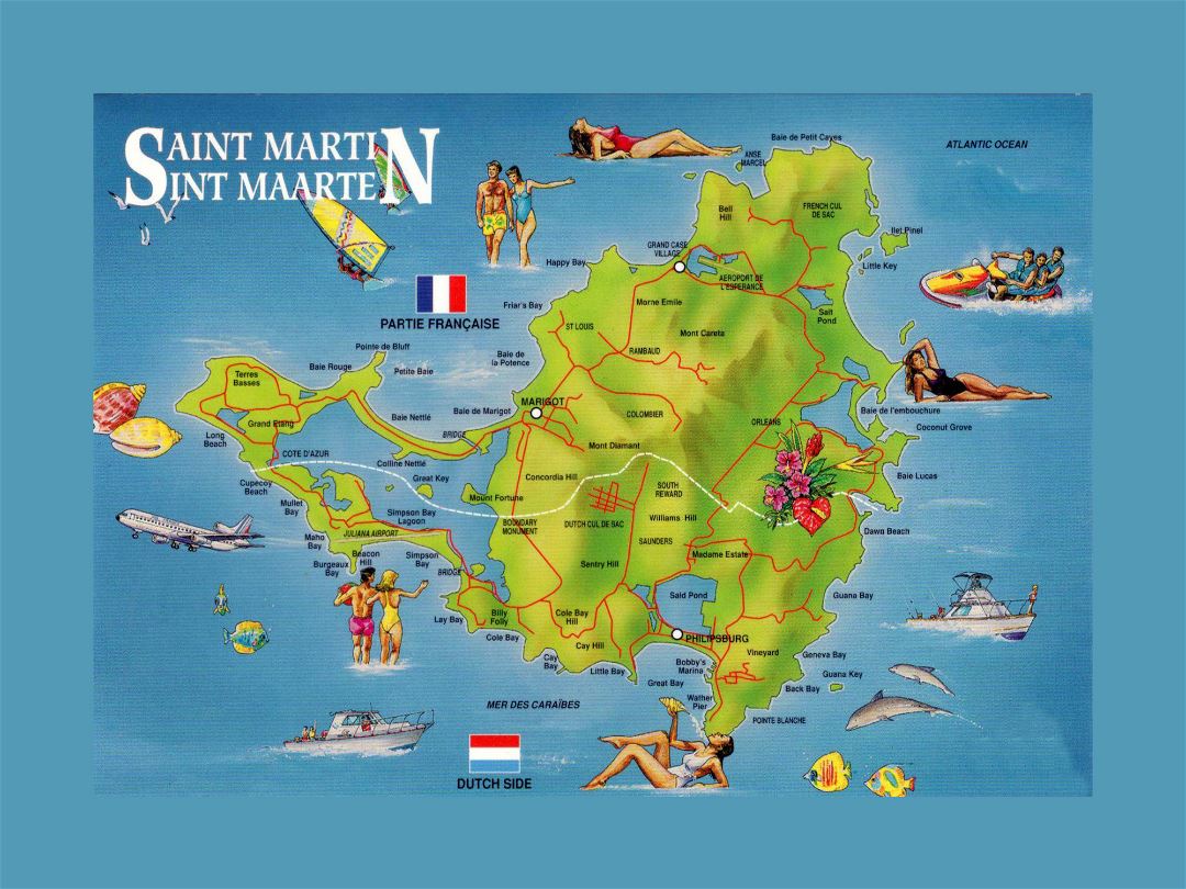 Large detailed tourist illustrated map of Sint Maarten, Saint Martin