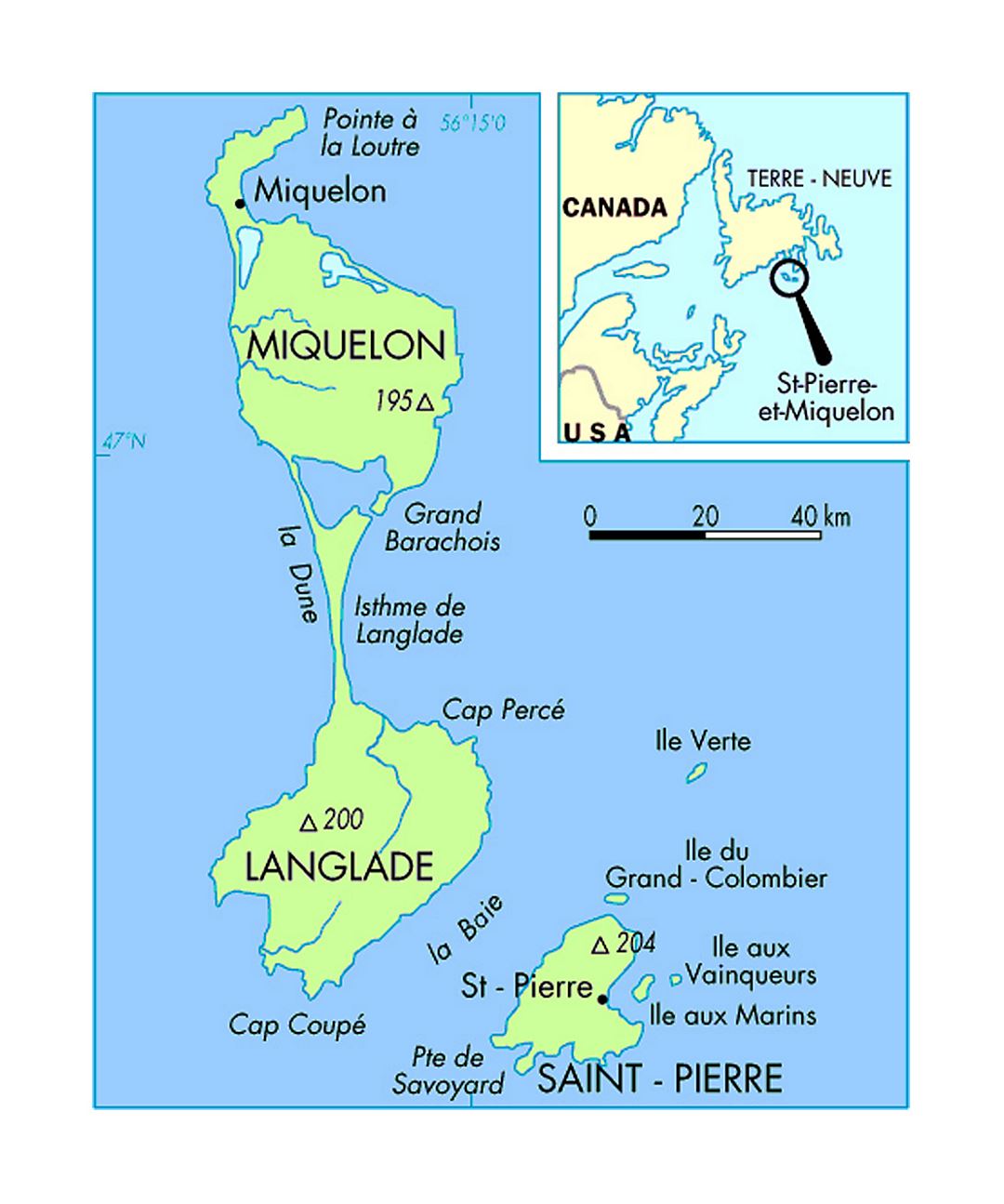 Political map of Saint Pierre and Miquelon with majot cities