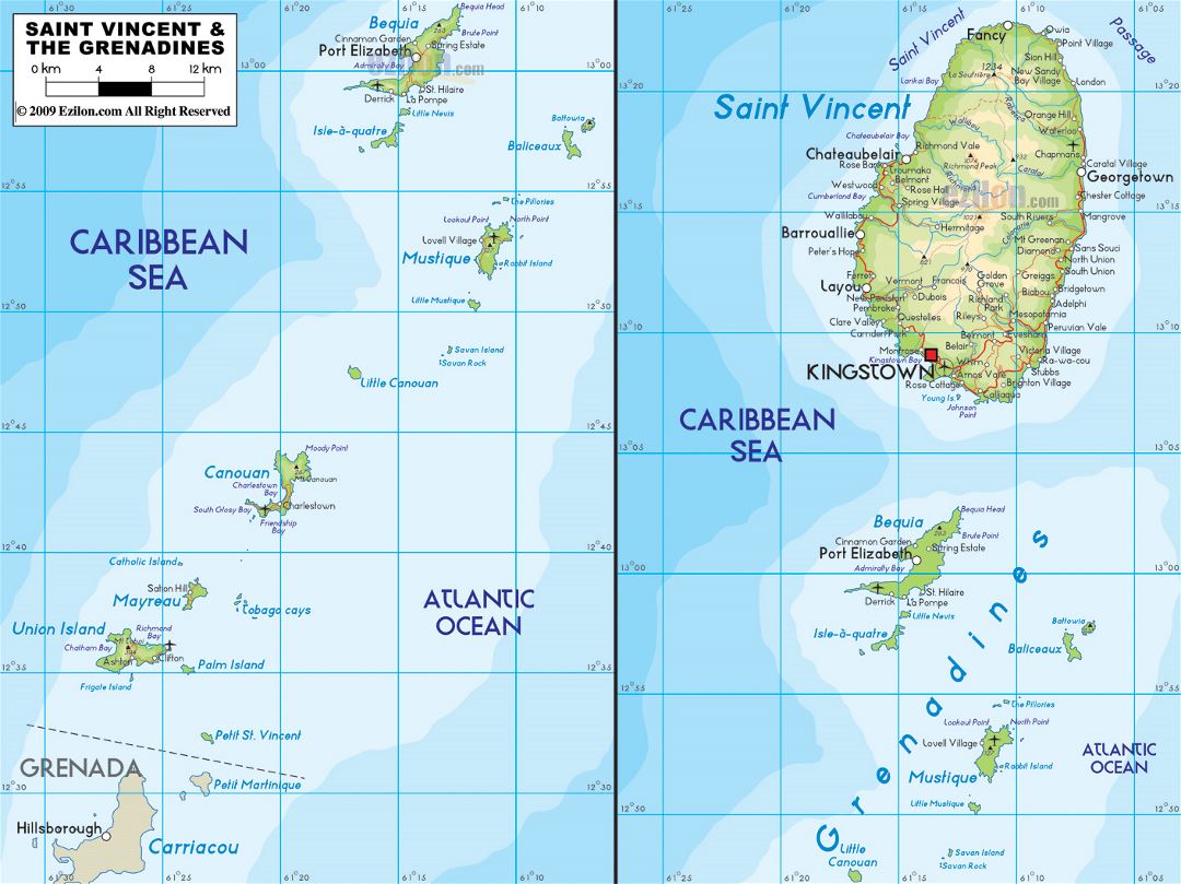 Large physical map of Saint Vincent and the Grenadines with roads, cities and airports