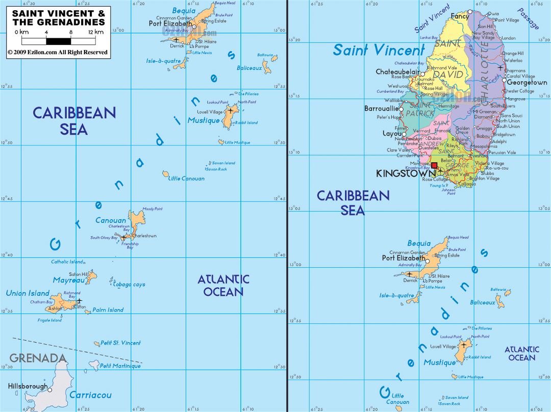Large political and administrative map of Saint Vincent and the Grenadines with roads, cities and airports