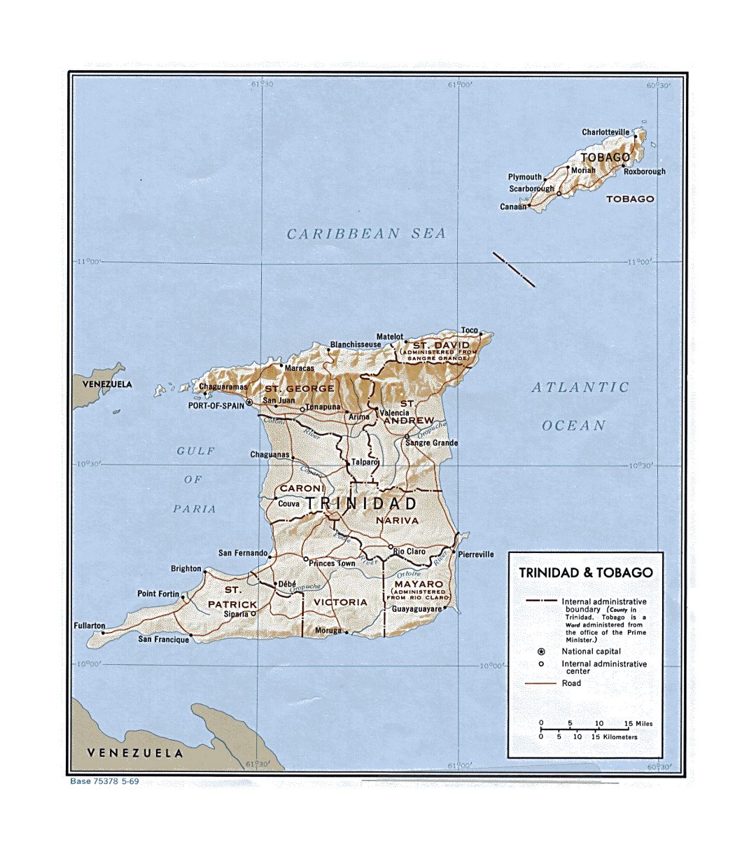 Detailed political and administrative map of Trinidad and Tobago with releif, roads and cities - 1969