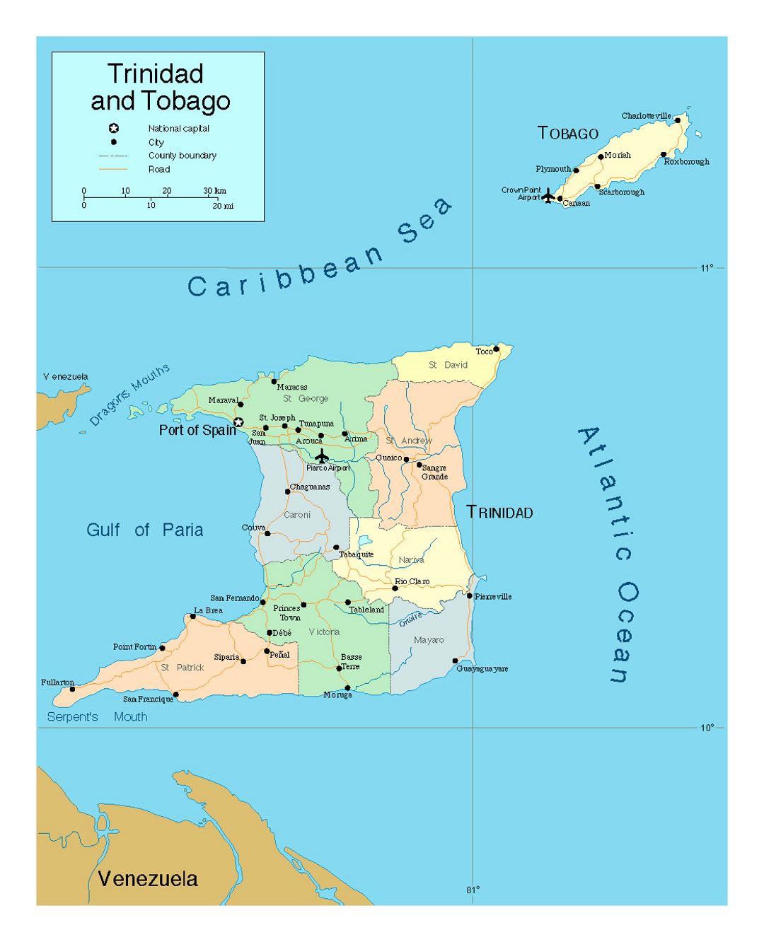 Detailed political and administrative map of Trinidad and Tobago with roads, cities and airports