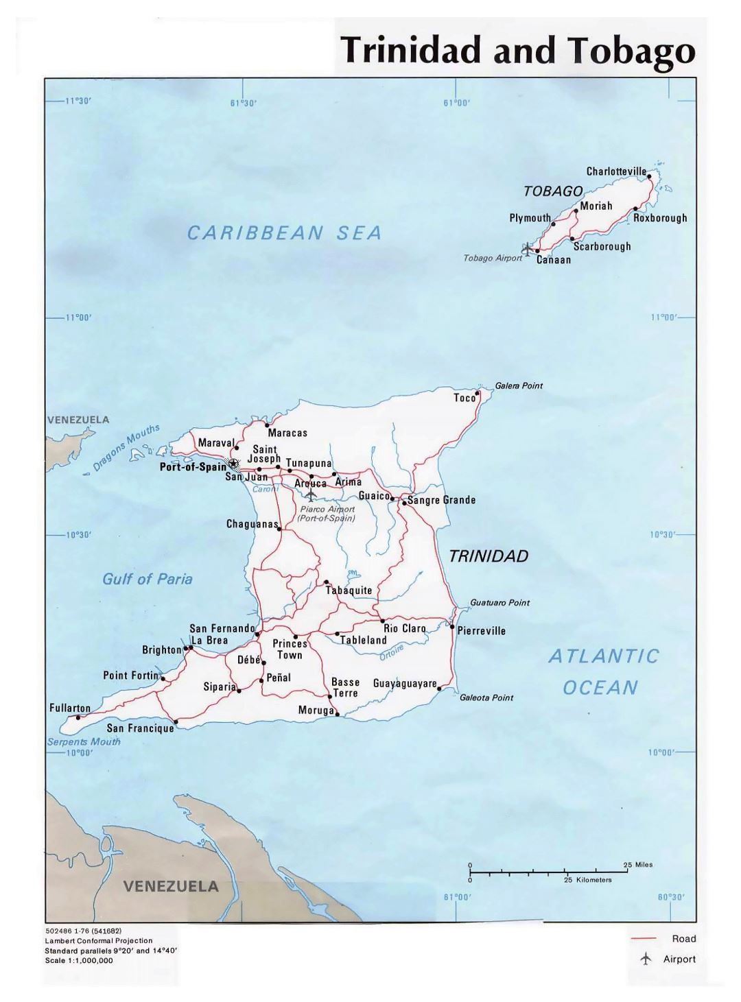 Detailed political map of Trinidad and Tobago with roads, cities and airports - 1976