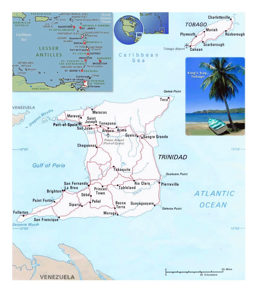 Detailed political map of Trinidad and Tobago with roads, cities and airports