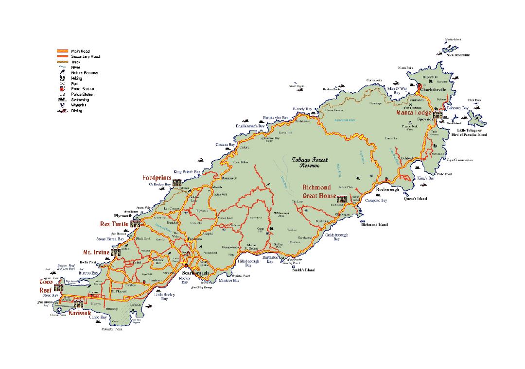 Detailed travel and diving map of Tobago