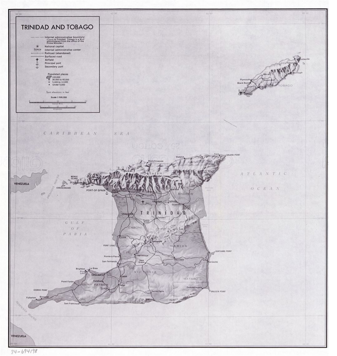 Large detailed political and administrative map of Trinidad and Tobago with relief, roads, railroads, cities, sea ports and airports - 1983