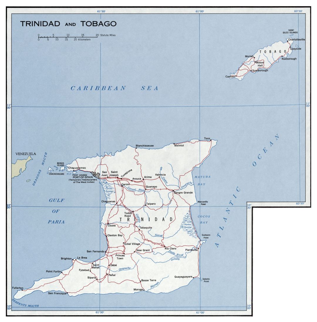 Large detailed political map of Trinidad and Tobago with roads, railroads and cities - 1958