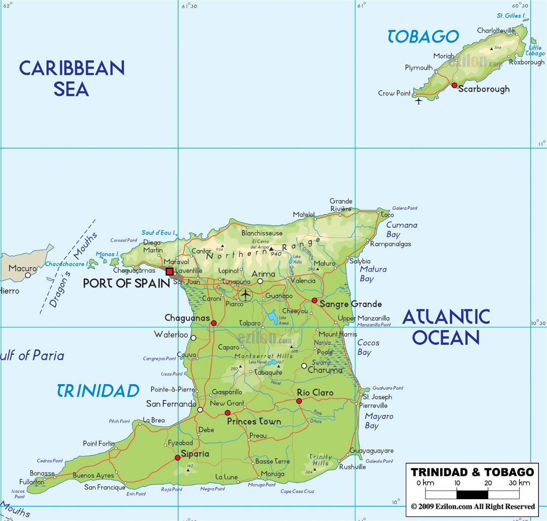 Large physical map of Trinidad and Tobago with roads, cities and airports