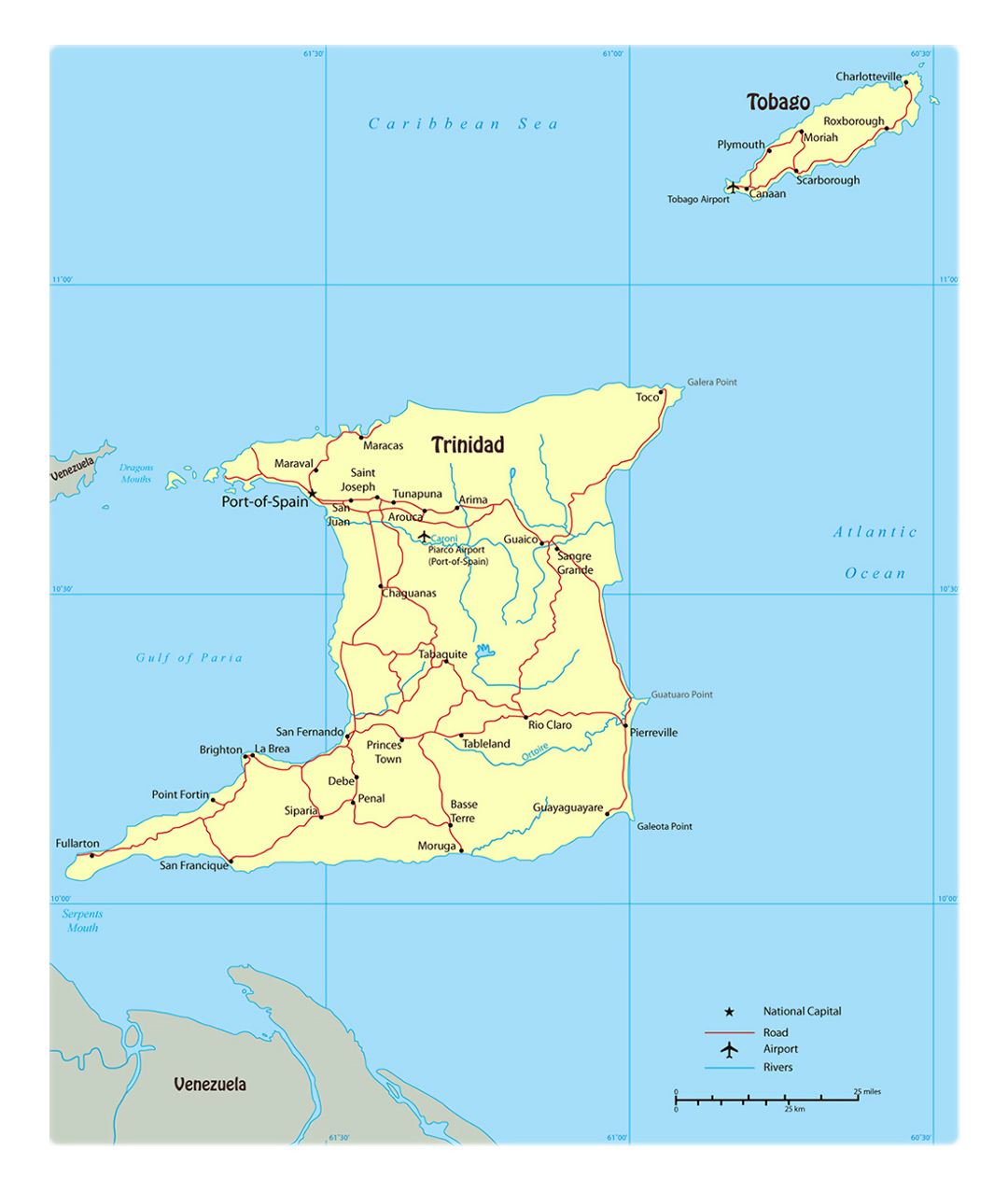 Large political map of Trinidad and Tobago with roads, cities and airports