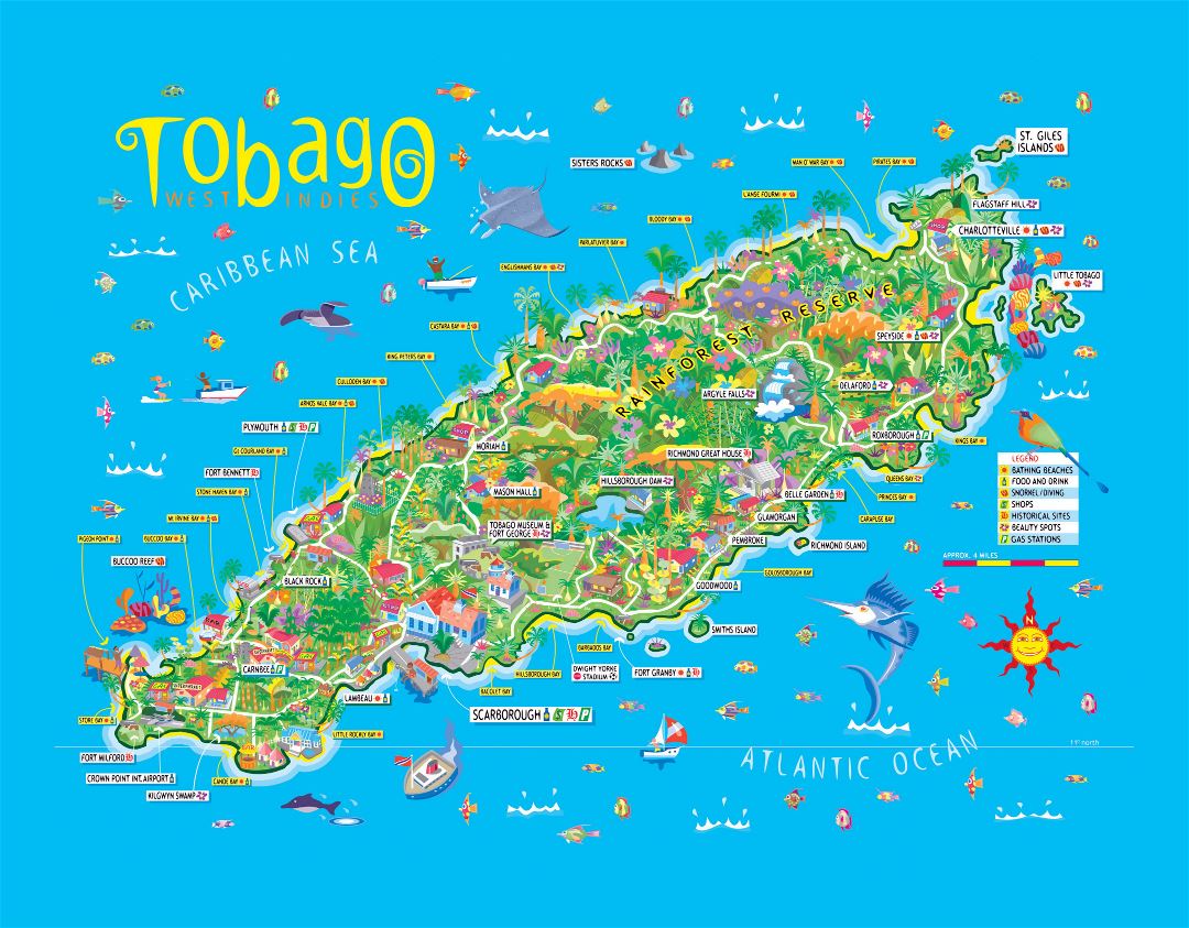 Large travel illustrated map of Tobago
