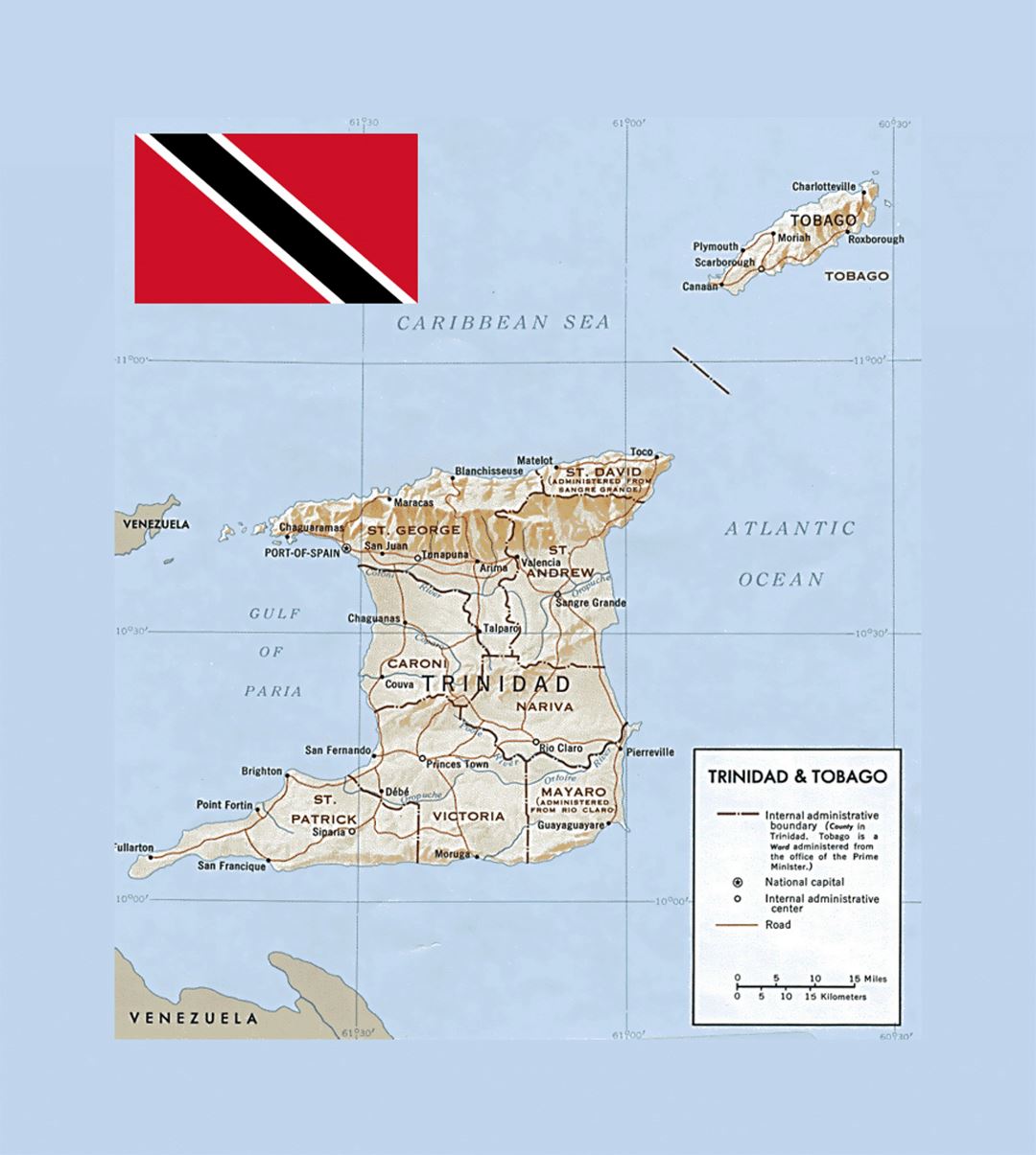 Political and administrative map of Trinidad and Tobago with relief and other marks
