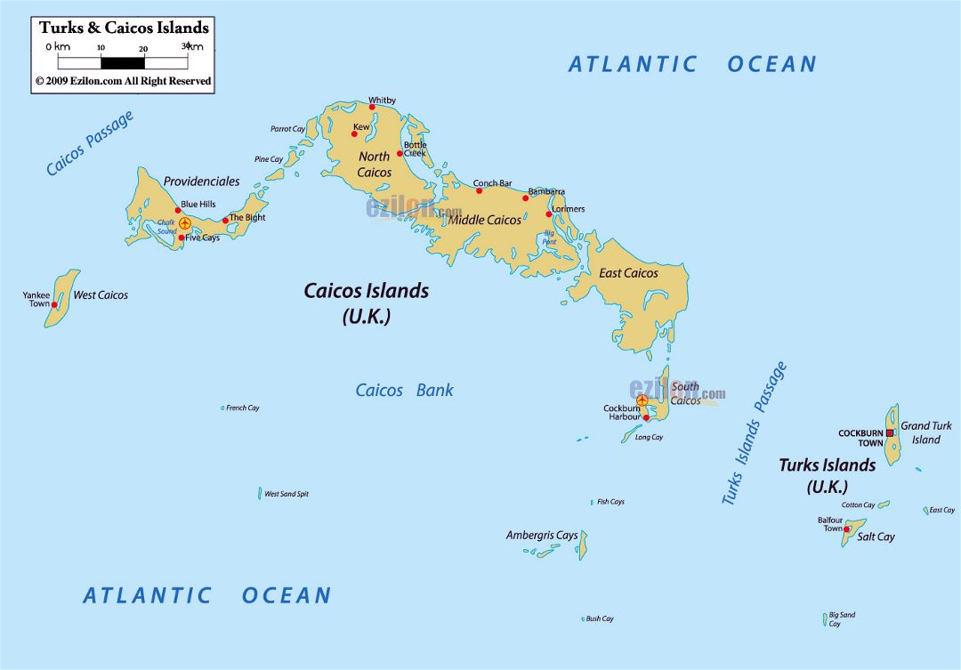 Large political map of Turks and Caicos Islands with cities and airports