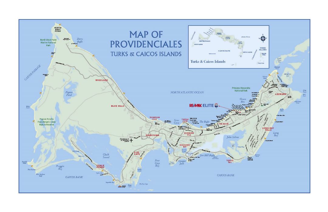 Large road map of Providenciales Island, Turks and Caicos Islands