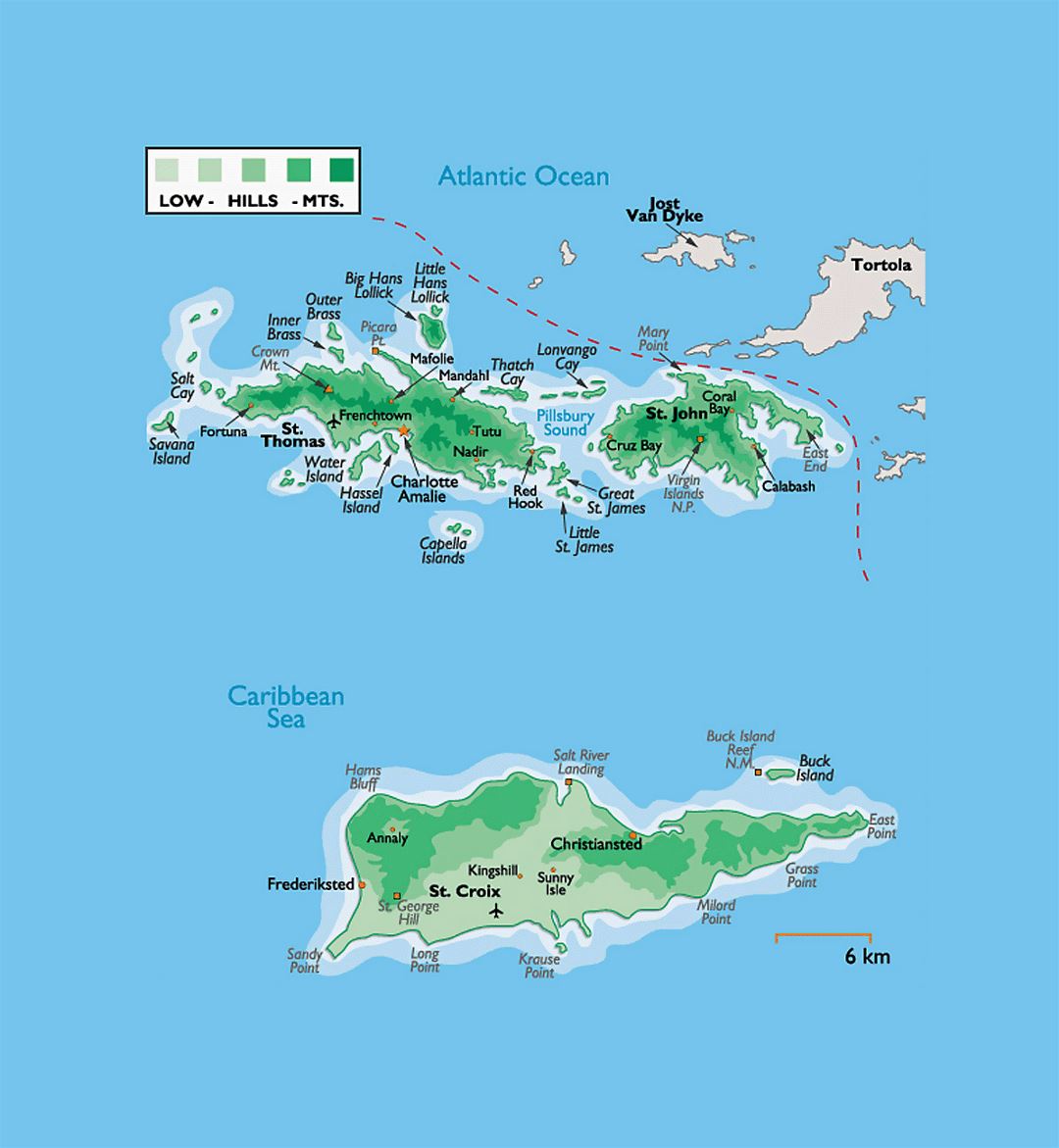 Detailed physical map of US Virgin Islands with other marks