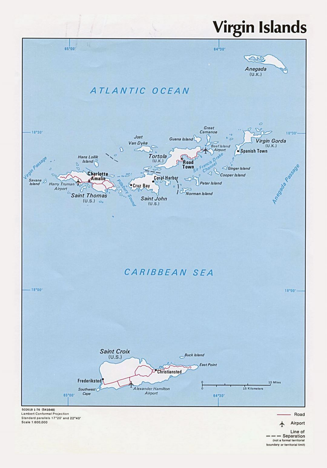 Large political map of Virgin Islands with roads, cities and airports - 1976