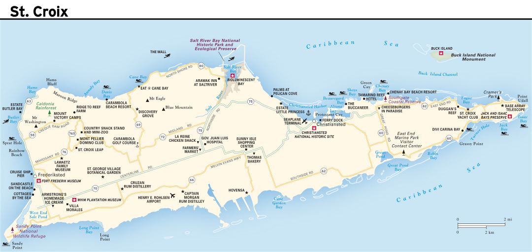 Large road map of St. Croix Island, US Virgin Islands with other marks