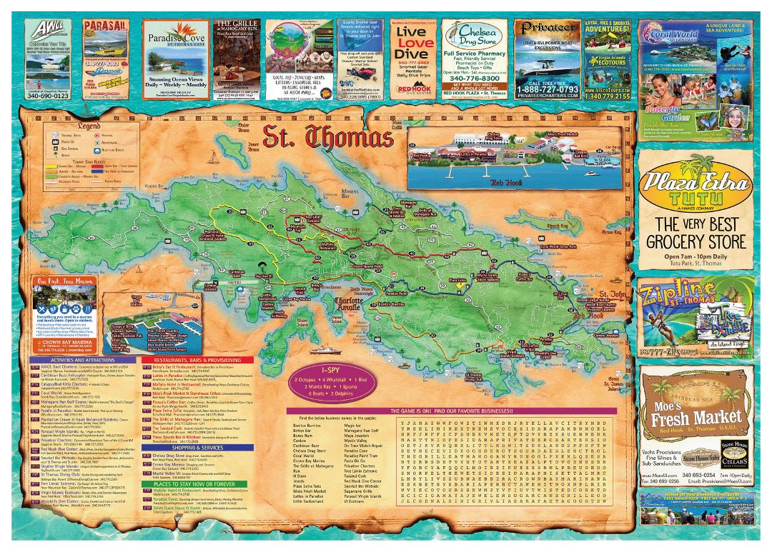 Large travel illustrated map of St. Thomas Island, US Virgin Islands