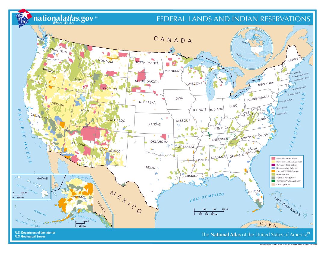 Large detailed federal lands and indian reservations map of the USA - 2003