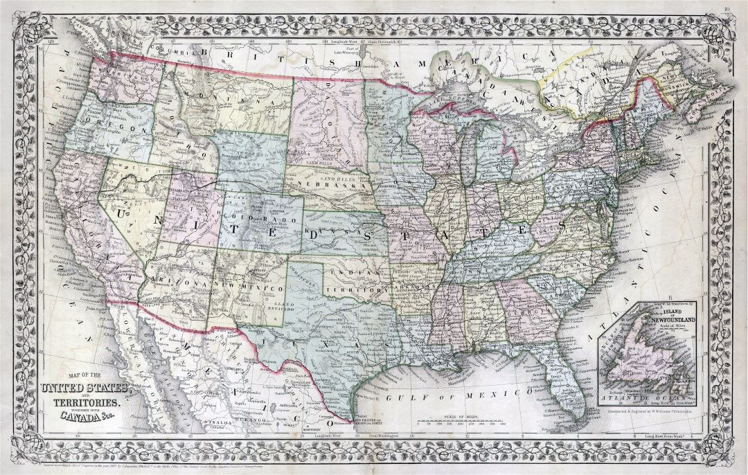 Large detailed old political and administrative map of the United States with other marks - 1867