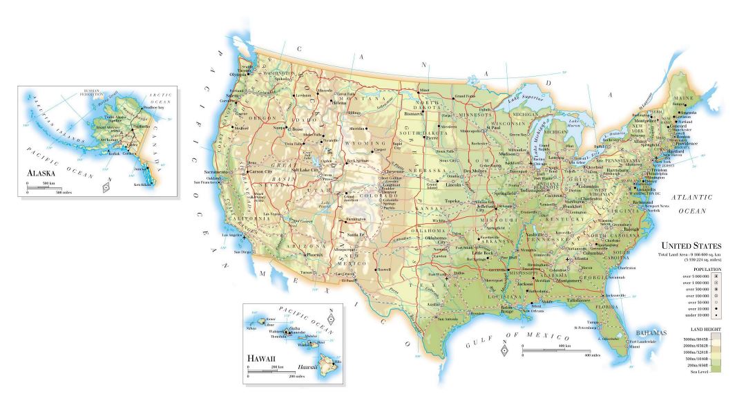 Large elevation map of the United States with roads, railroads, major cities and airports