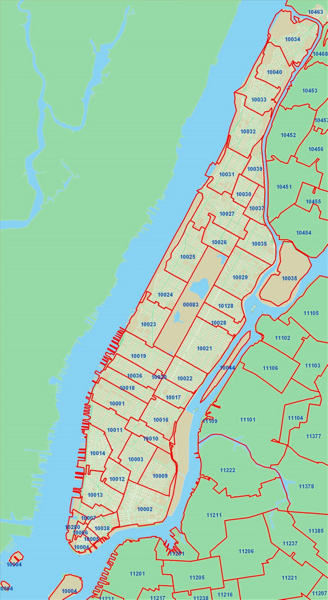 Detailed zip codes map of New York city