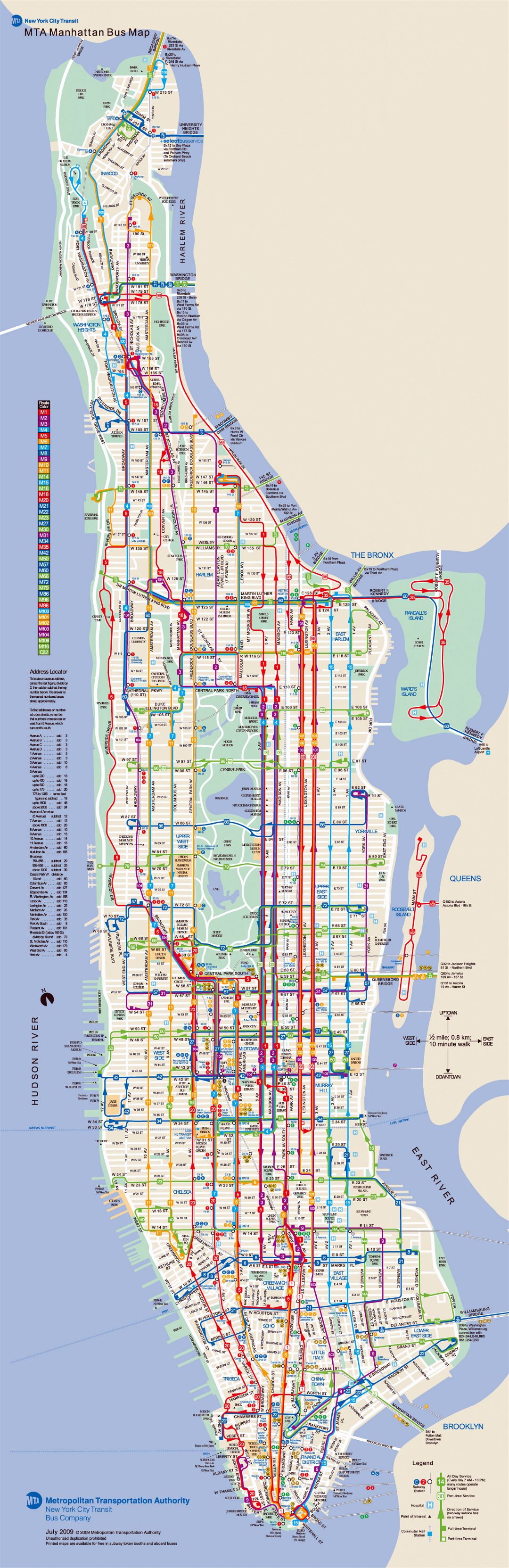 Large detailed bus routes map of Manhattan