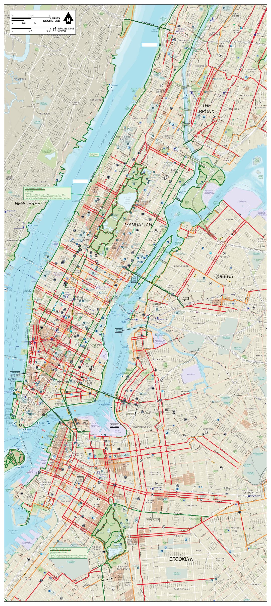 Large detailed New York, Manhattan, Bronx, Queens and Brooklyn bike map