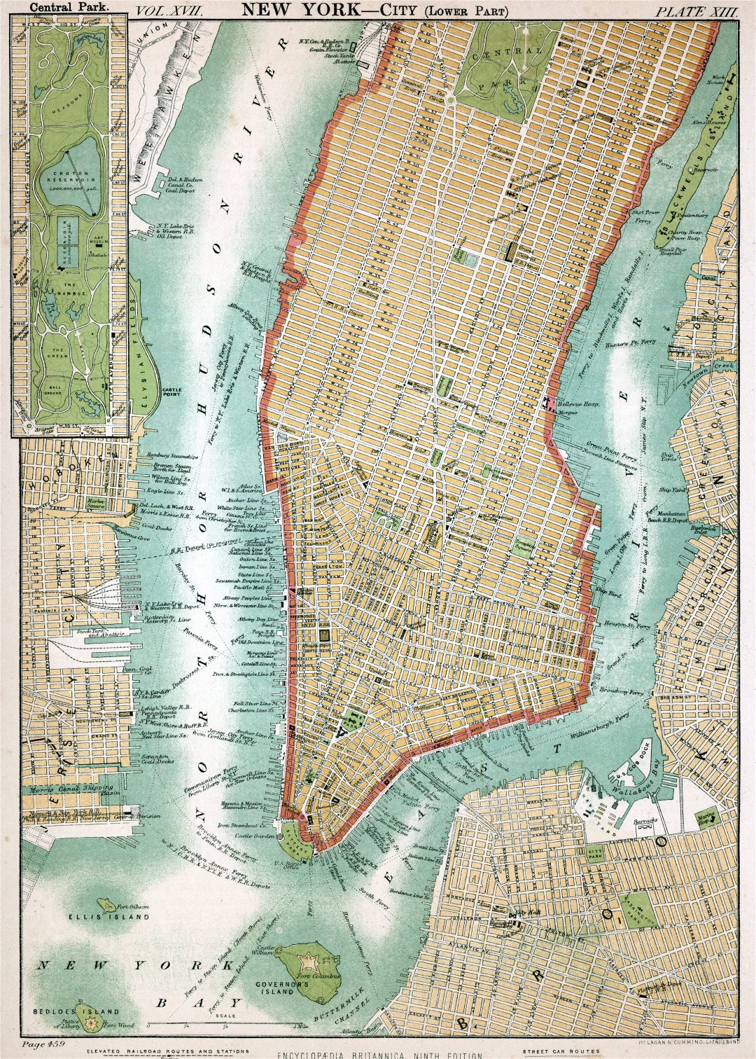 Large detailed old map of Manhattan