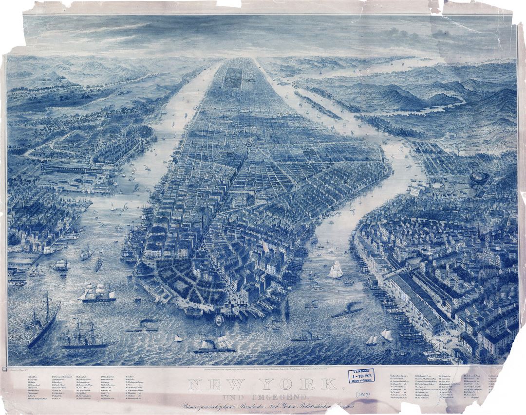 Large detailed old panoramic map of New York - 1867