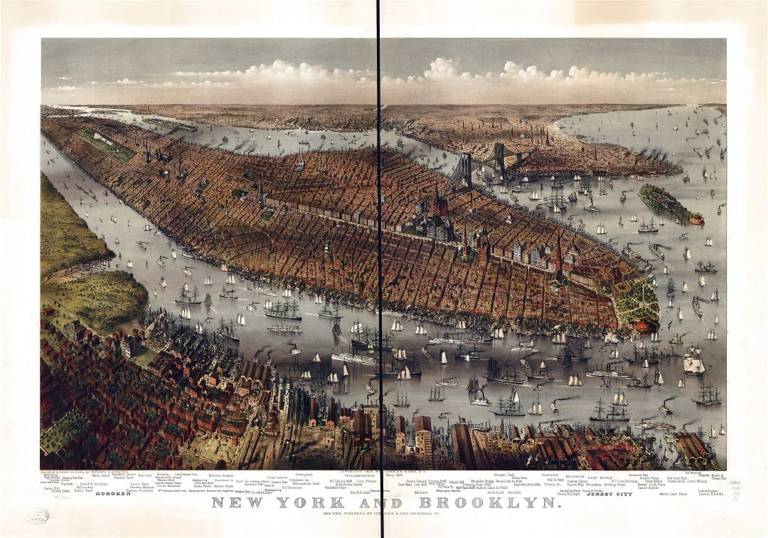 Large detailed old panoramic map of New York and Brooklyn - 1875