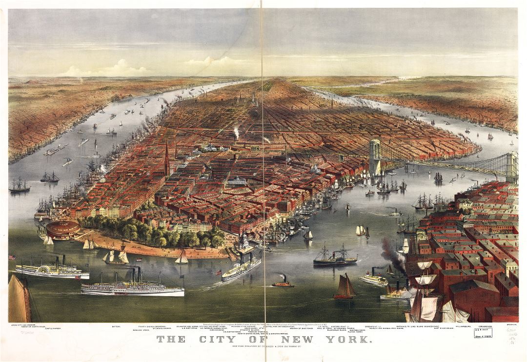 Large detailed old panoramic map of the city of New York - 1870